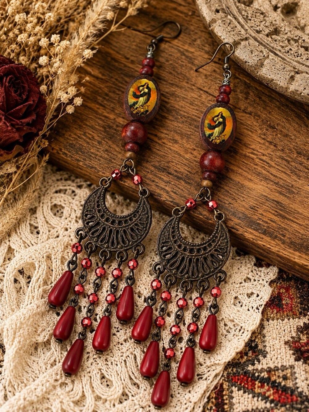 Vintage Boho Statement Chandelier Earrings Red Wood Fringe Bronze Filigree Long